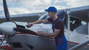 Exterior of airplane being cleaned for cold weather flying